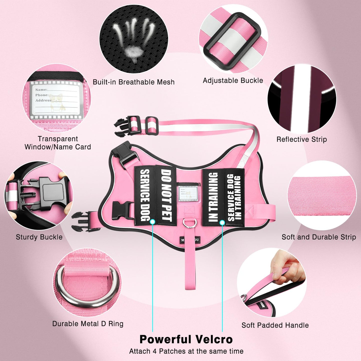 MOOGROU Service Dog Vest Harness and Leash Set+10 Patches,No Pull&Easy Walk Reflective Dog Harness with Soft Padded Handle for Training/Everyday,Fit Small/Medium/Large/Extra-Large Dogs(Pink S)