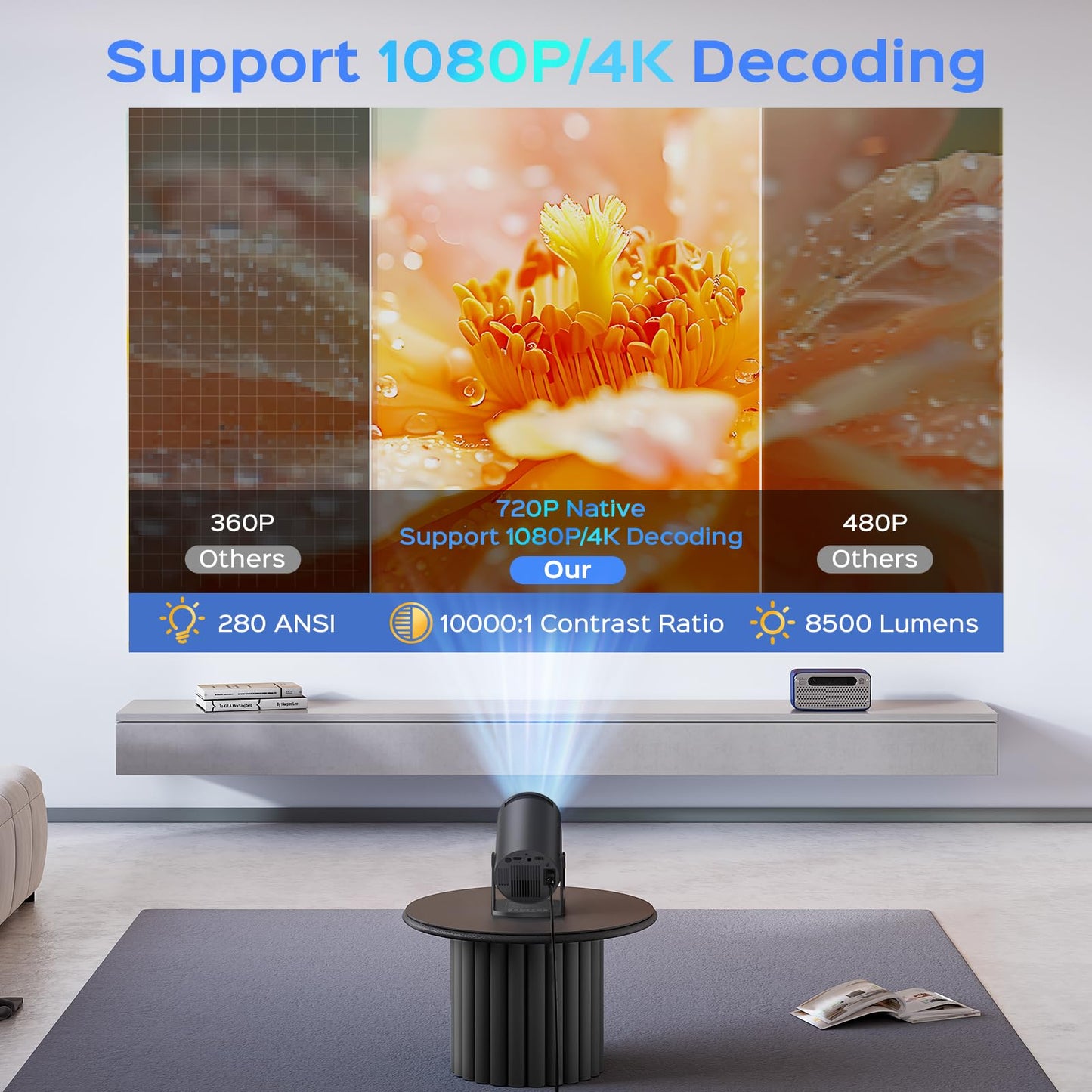 Mini Projector With WiFi and Bluetooth, 180 Rotatable Portable, 150" Smart With Android TV 11, 1080P Support Decoding Projectors 4K, 2.4G/5G WiFi6, Auto Keystone for Home Outdoor Proyector, Iron Grey