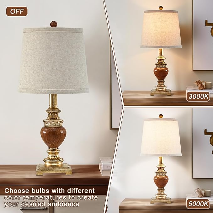21'' Small Table Lamps for Bedroom Set of 2 Rustic Farmhouse Bedside Nightstand Lamps Traditional Side Table Lamps for Living Room Kids Home Office, Wooden Finish, Gold, Bulbs Not Include