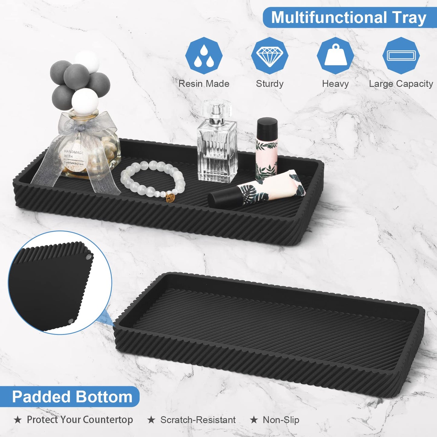 Black Bathroom Accessories Set 4 Pcs - Toothbrush Holder,Lotion Soap Dispenser,Qtip Holder Dispenser,Vanity Tray for Countertop Vanity Organizer,Bathroom Accessory Set