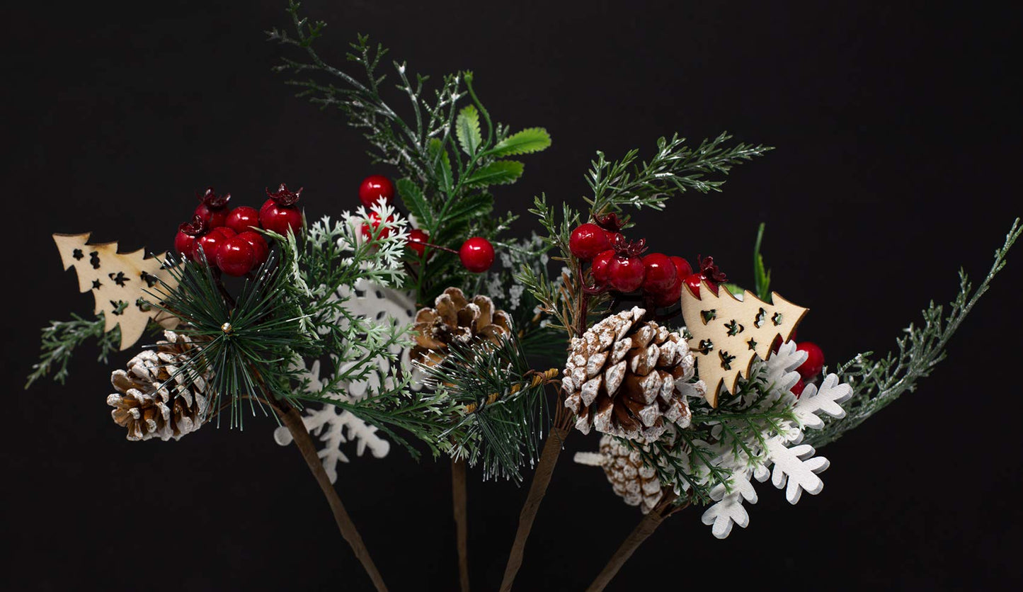 Christmas Floral Picks Set of 20, Snow Tip Pinecone Red Berry Sprays, 10 Inch Holiday Greenery Stems for Wreaths, Garlands, Christmas Tree Decor, Flower Arrangements, DIY Winter Crafts, 2 Styles