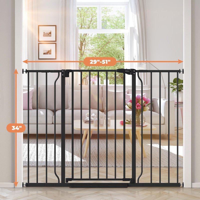 Cideny 34" Extra Tall Baby Gate for Stairs, Auto Close Stroller Friendly Dog Gate Indoor for Doorways, Pressure Mounted 29"-51" Wide Baby Gate, Easy Walk Through Gate for Children & Pets, Black