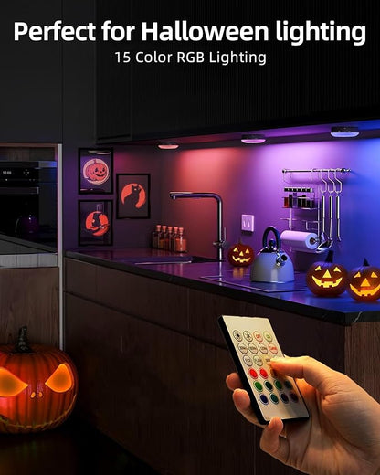 EZVALO Under Cabinet Lighting with Charging Station,1000mAh Rechargeable Puck Lights with Remote, 3 Color Temps & 12 RGB Closet Lights, Dimmable Motion Sensor Lights for Shelf, Kitchen (3 Packs)