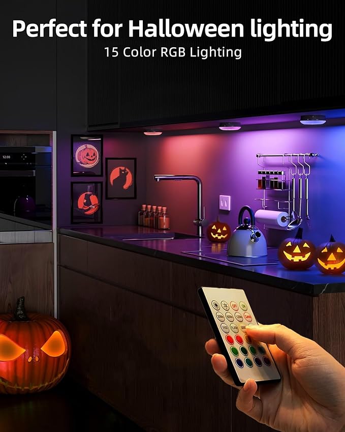 EZVALO Under Cabinet Lighting,1000mAh Rechargeable Puck Lights with Remote,3 Color Temps & 12 RGB Motion Sensor Closet Lights Indoor, Dimmable Under Counter Lights for Kitchen, Shelf Black (6 Packs)