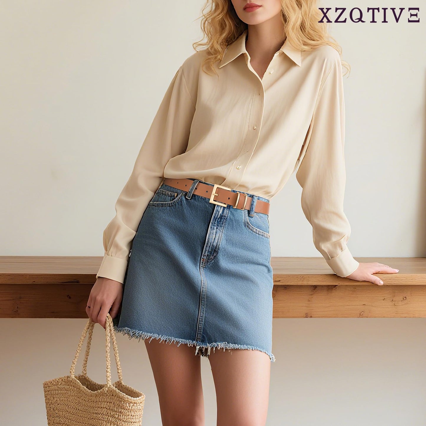 XZQTIVE Women Leather Belt with Gold Square Buckle,Stylish & Durable Waist Belt for Jeans,Pants & Dresses,Adjustable Fit,Classic Fashion Accessory