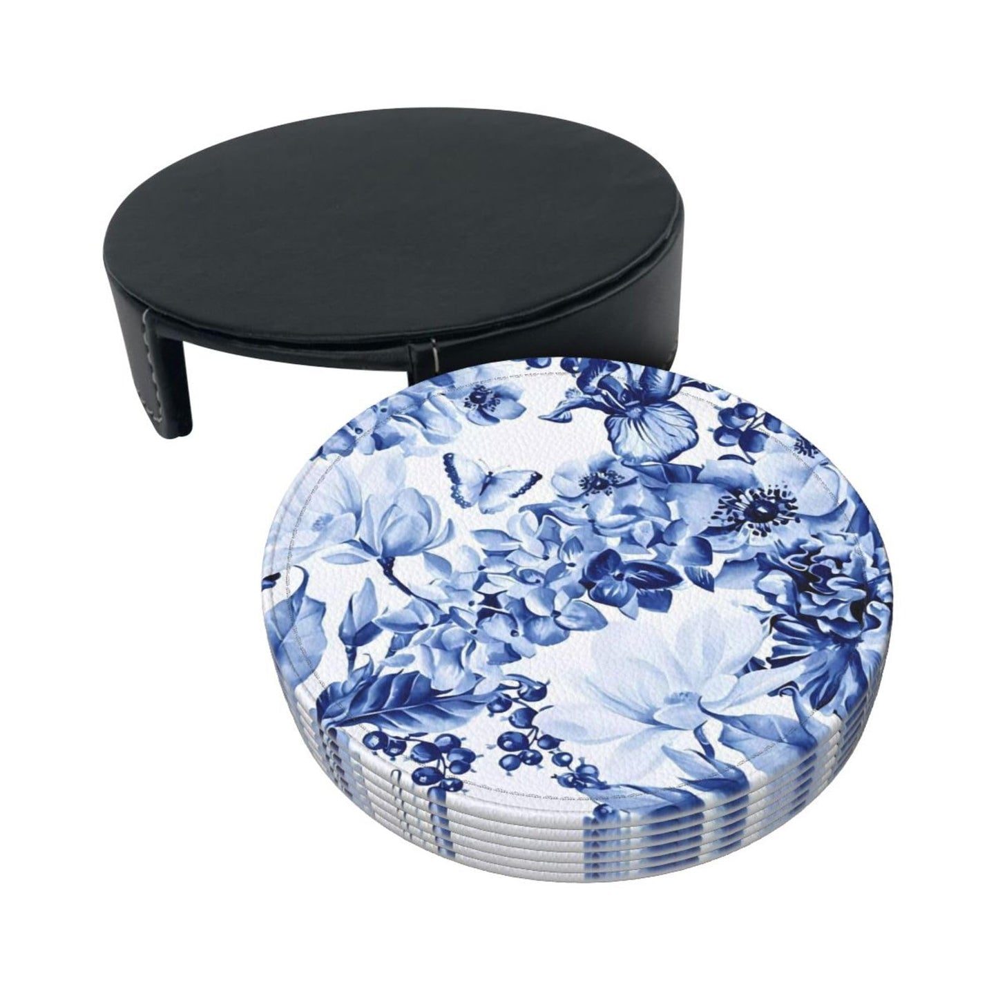 6 Pcs Blue and White Floral Leather Coasters for Drinks with Holder Coaster Sets Drink Table Cup Coasters for Living Room Kitchen Coffee Decor