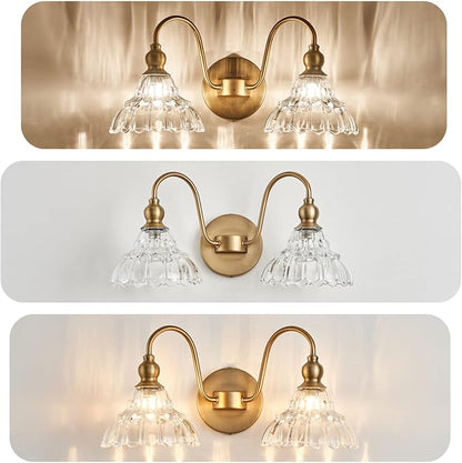 Antique 2-Light Wall Sconce Modern BathroomVanity Light Gold Wall Light Made of Metal Body and Pressed Patterned Glass Retro Vanity Light for Bedroom, Bathroom, Doorway, Foyer, Hallway