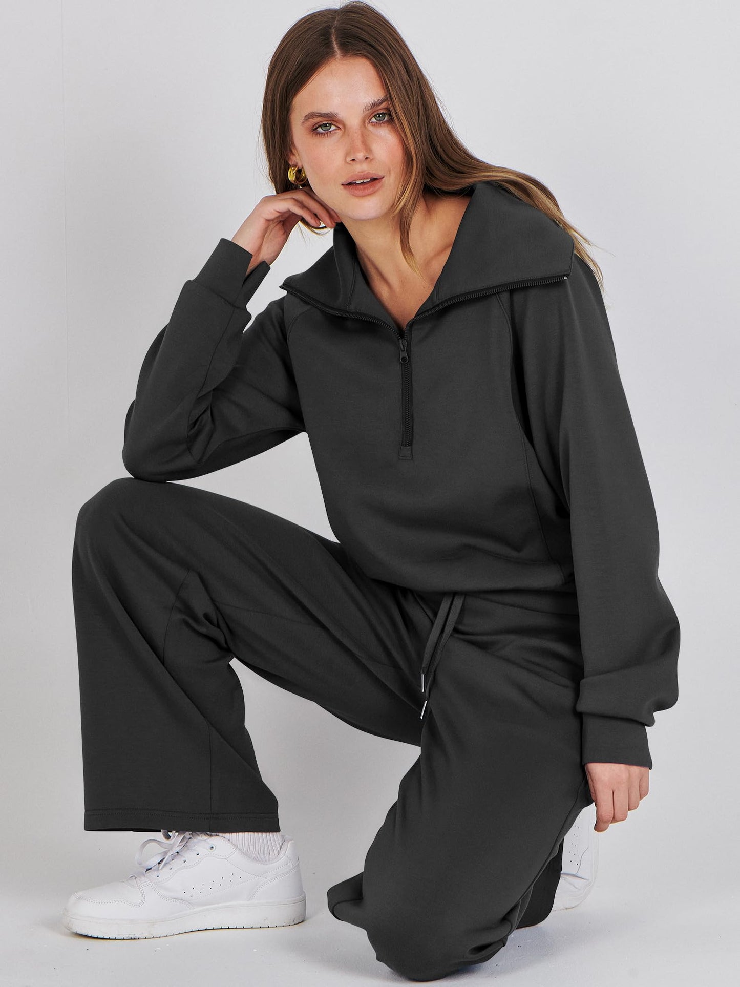 ANRABESS Women 2 Piece Outfits 2025 Fall Fashion Airport Wide Leg Pants Lounge Set Leisure Travel Vacation Clothes Sweatsuits Black Medium