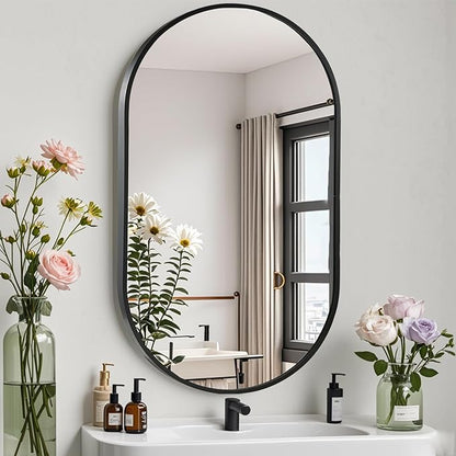24x36 inch Oval Bathroom Mirror, Black Vanity Wall Mirror with Brushed Metal Frame, Oval Mirrors for Bathroom, Entryway, Over Sink, Living Room
