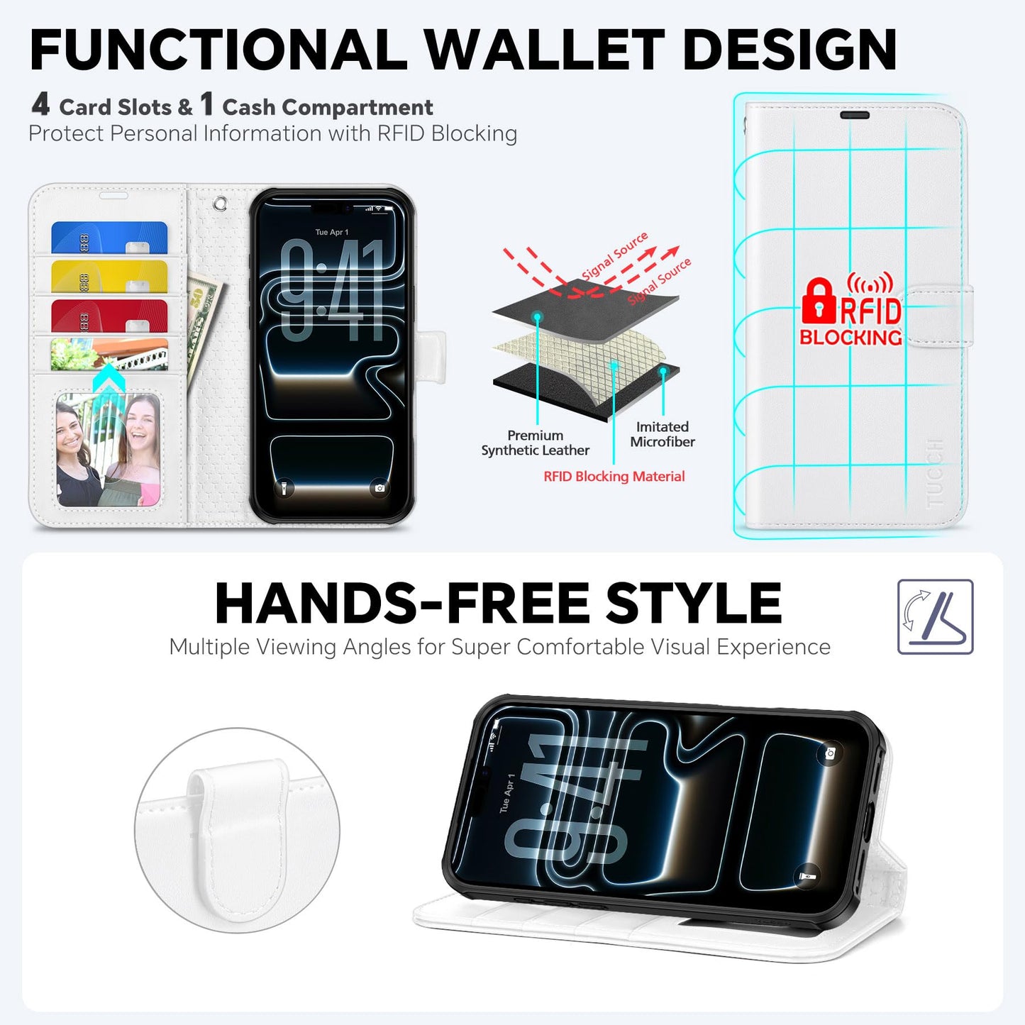 TUCCH 2-in-1 Detachable Wallet Case for iPhone 17 Pro Max (6.9") 2025, Wireless Charging | RFID Blocking 4 Card Holder | Wrist Strap | Kickstand | Magnetic | PU Leather | Protective Flip Cover | White