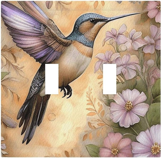Decorative Art Light Switch Covers Blossom & Hummingbird 2 Gang Double Toggle Wall Plate Decorative Switchcover Electrical Switchplate for Home Decor