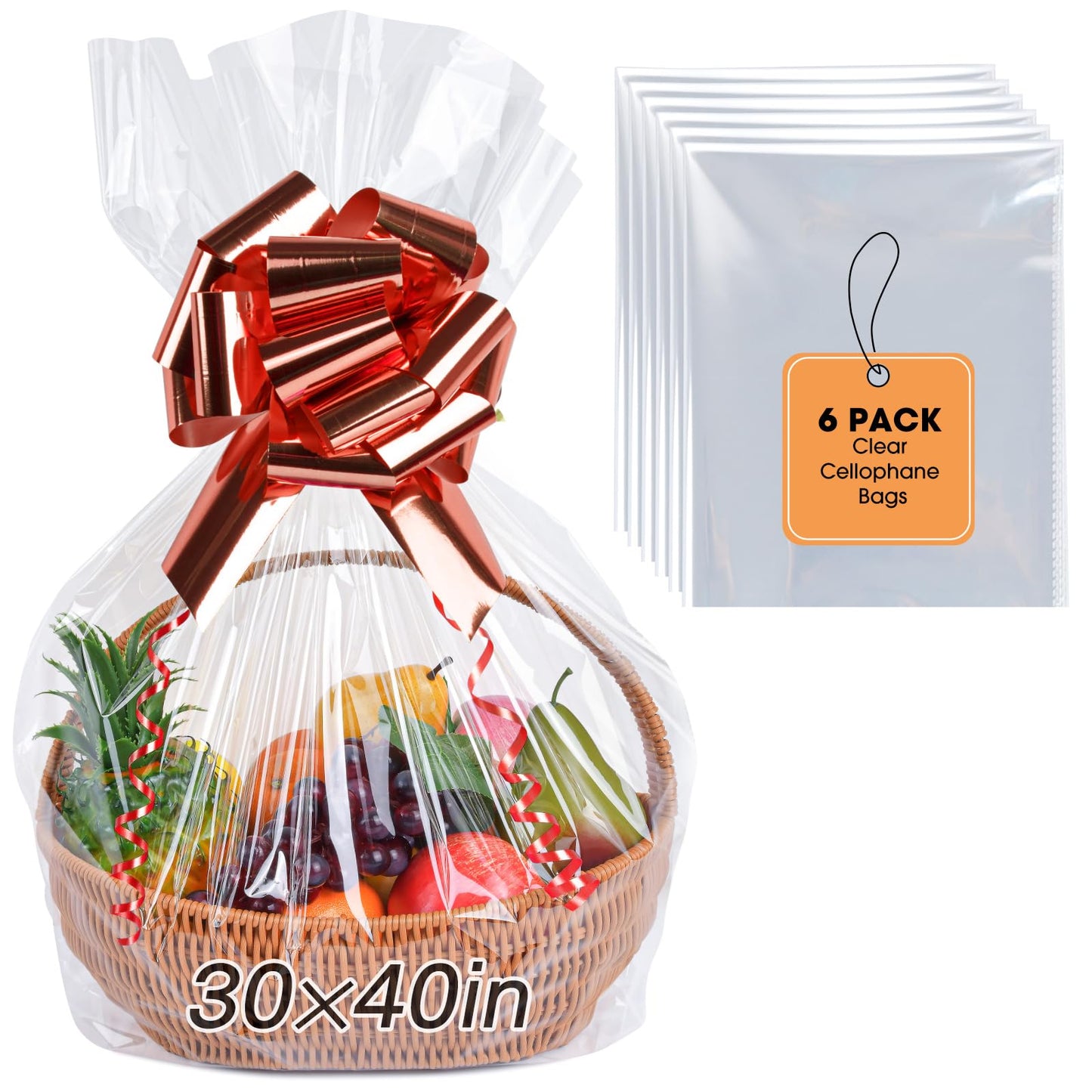 Yuiicaov 6PCS Extra Large Cellophane Bags, 30x40 Inches Clear Cellophane Wrap for Gift Baskets, Jumbo Huge Packaging Clear Gift Bags 2.8 Mil Thick