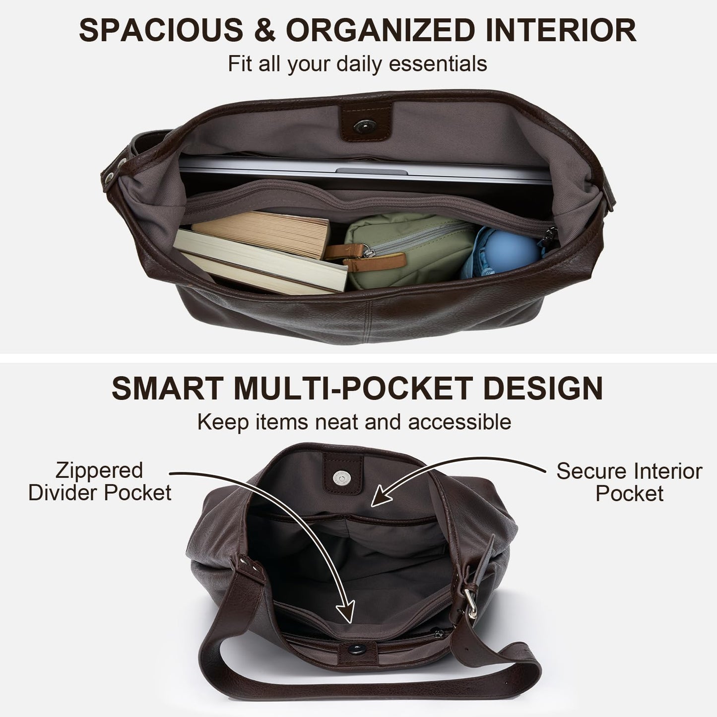 Hobo Bag for Women, Soft Vegan Leather Slouchy Shoulder Tote Purse with Matching Pouch, Adjustable Strap & Magnetic Closure Brown