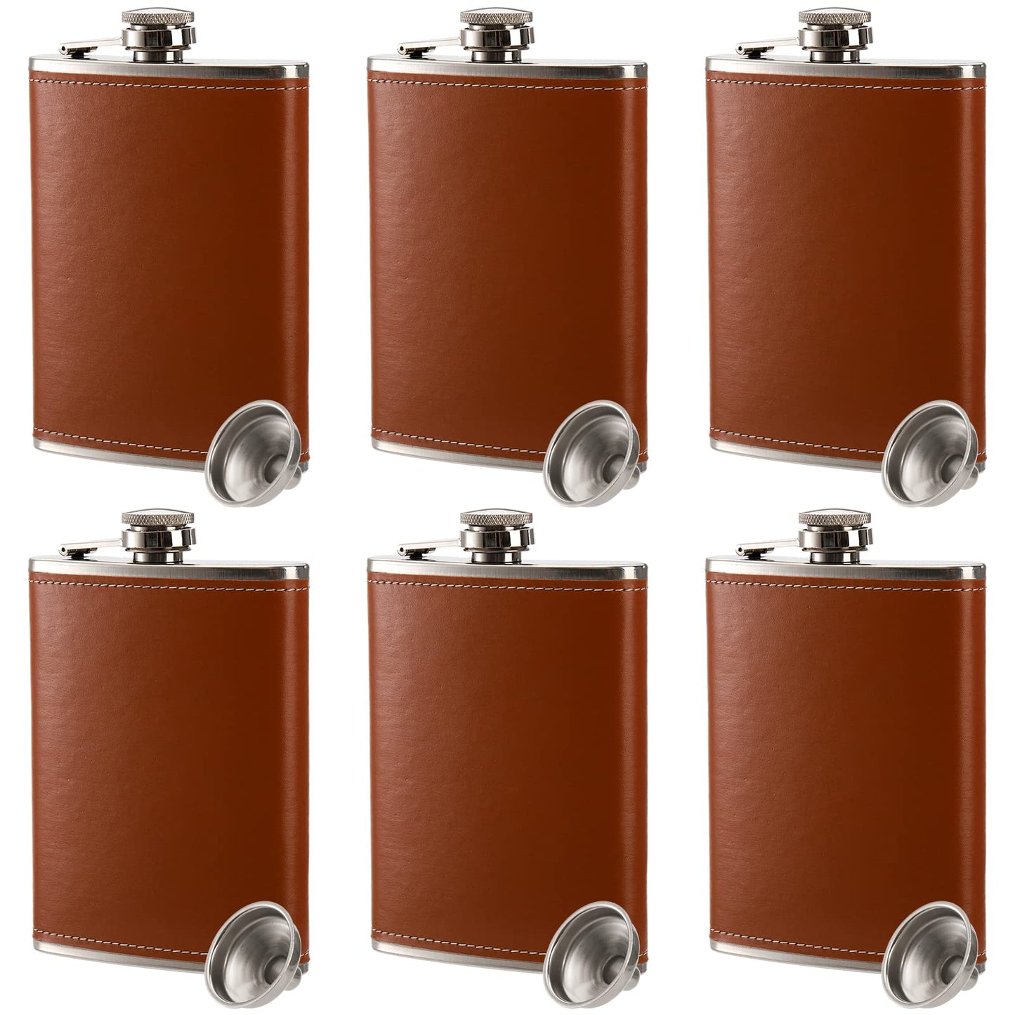 Suwimut 6 Pack Hip Flask for Liquor for Men Women, 8 oz Leak Proof Stainless Steel Pocket Hip Flask with Brown Leather Cover and Funnel for Drinking of Alcohol, Whiskey, Rum and Vodka