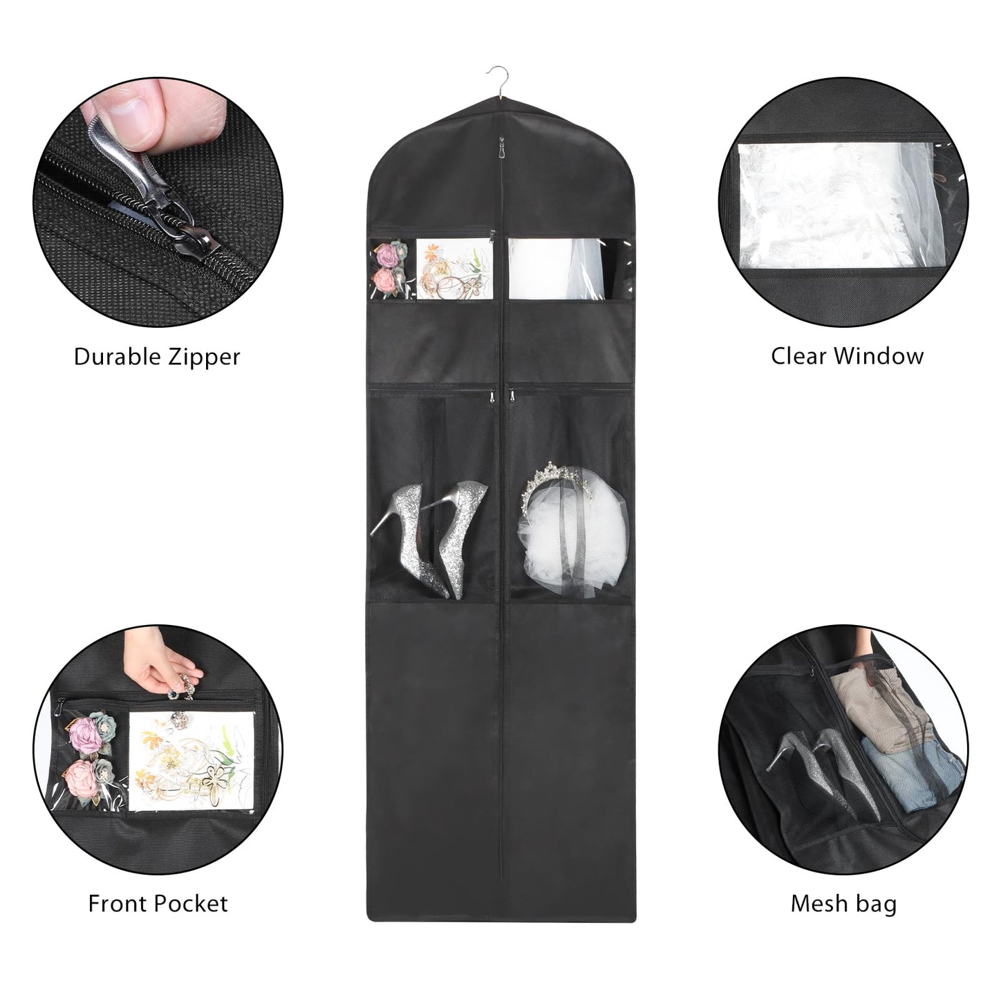Univivi Wedding Dress Travel Bag for Airplane, Extra Long Wedding Gown Garment Bag with Accessory Pockets, 72 Inch Trifold Heavy Duty Dress Bags for Gowns for Travel and Closet Storage (Black)
