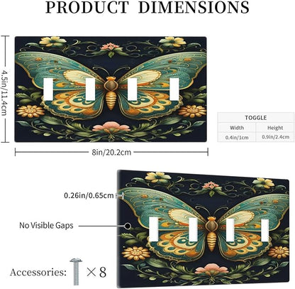 Butterfly Ornate with Flower Light Switch Covers Quad Toggle 4 Gang Wall Plate Decorative Switchplate Electrical Faceplate for Farmhouse Bathroom Living Decor