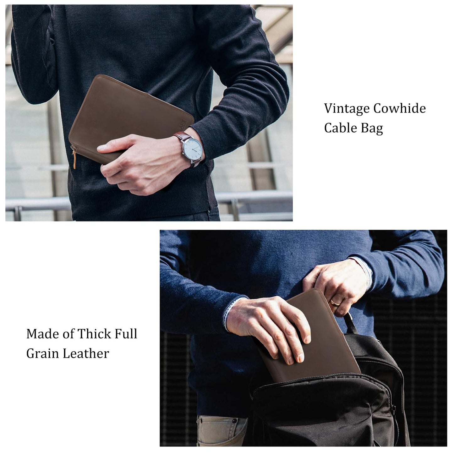 Polare Full Grain Leather Travel Cable Organizer Case Double Layer Electronics Accessories Carry Bag with YKK Zippers Tech Storage Bag for Cables, Power Bank, USB, SD Card