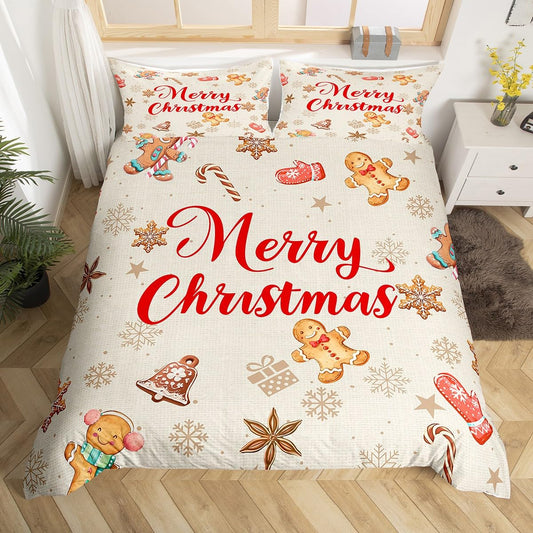 Cute Gingerbread Man Duvet Cover Sets(NO Comforter),Funny Gingerbread Snowflakes and Bells Comforter Cover for Girls Teens,Brown Snowflake Printed Bedding,Cartoon Themed Duvet Set,Queen Size