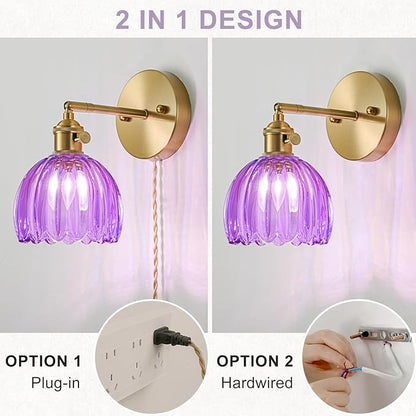 Plug in Wall Sconce, Vintage Sconce Light with Tulip Purple Glass Lampshade, 180° Adjustable Wall Sconce with Switch and Plug in Wall Lamp Cord, Gold Wall Light for Bedroom Bedside
