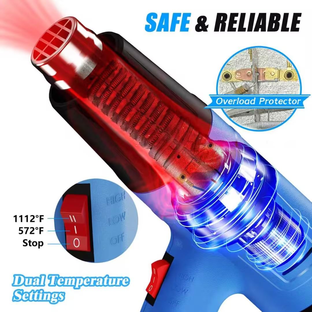 URTOOLS Heat Gun, 900W Hot Air Gun with 2 Temp Settings 572 & 1112°F, Overload Protection, 4 Nozzles, 5FT Cord, Heat Shrink Gun for Crafts, Resin, Vinyl Wrap, Soldering & Phone Repair