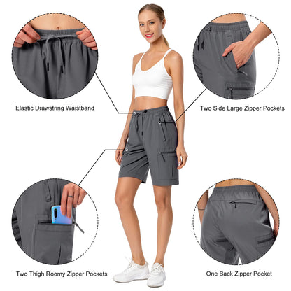 Hugut Women's Lightweight Hiking Cargo Shorts Quick Dry Athletic Shorts Camping Travel Golf Zipper Pockets Water Resistant Dark Grey