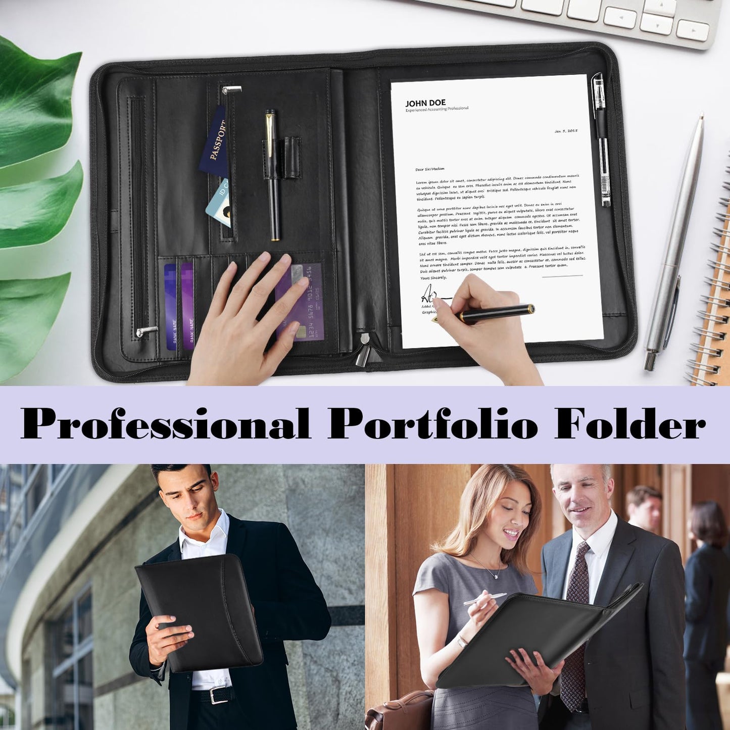 Leather Padfolio Portfolio Binder Organizer, with 25 Pages Notepad & 13" Tablet Sleeve, Professional Conference Meeting Business Zipper Folder for Letter Size A4 Legal Writing Pad Document Men Women
