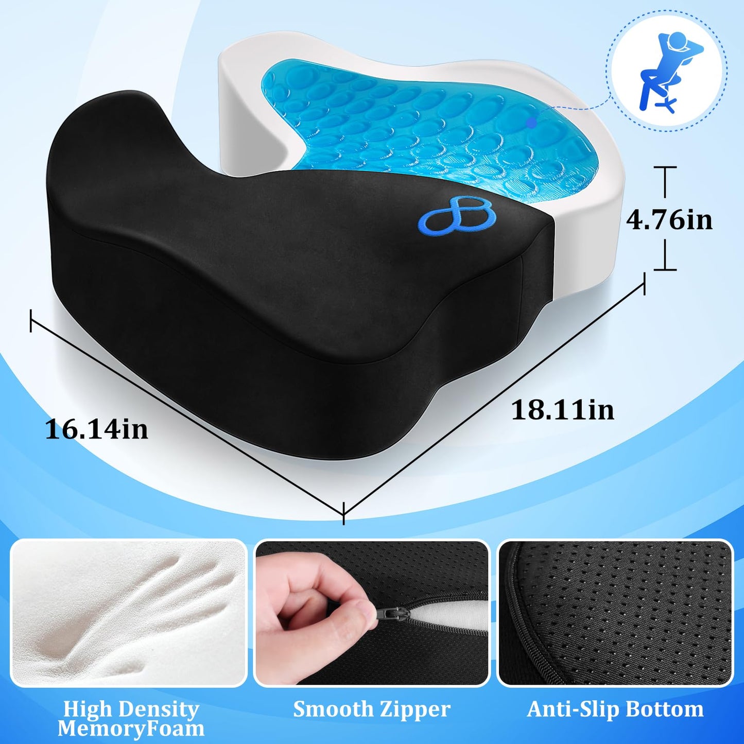 CushyOasis Seat Cushion, Gel Chair Cushions, Office Chair Cushions, Anti-Slip Bottom & Removable Cover Tailbone Pain Relief Cushion, Memory Foam Seat Cushion for Office, Wheelchair, Car (Black)