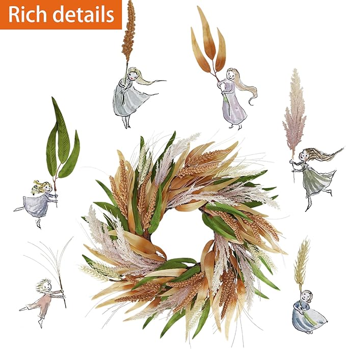 20" Fall Wreaths for Front Door with Green Brown Foliage Grain Ear Wheat and Pampas Grass – Boho Thanksgiving Harvest Wreath, Front Door Porch Decor.