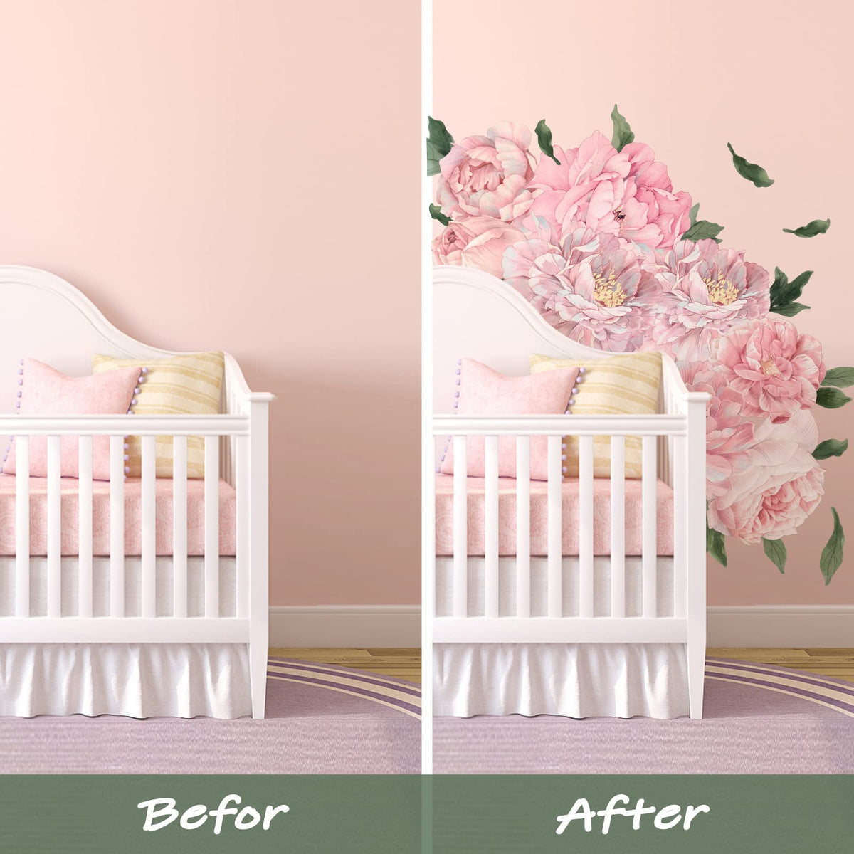 Pink Peony Wall Stickers for Nursery Wall Decor Flowers Wall Decals Peel and Stick Kids Floral Decals for Girls Bedroom Living Room Nursery Wall Decor