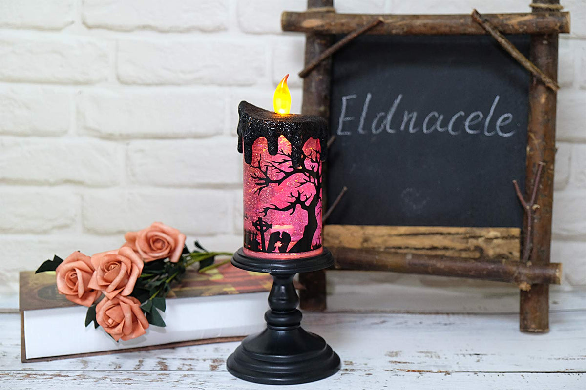 Eldnacele Halloween Snow Globe Candles Lighted Lamp, Battery Operated Spinning Water Glittering Tornado Flameless Candles Table Centerpiece for Halloween Decoration Indoor(Ghost)