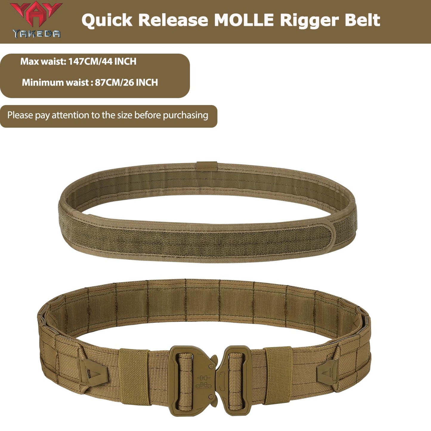 YAKEDA Tactical Molle Battle Belt -Airsoft Combat Belt Quick Release Rigger 1.75 Inch Inner & Outer Heavy Duty Belts for Men (CP)