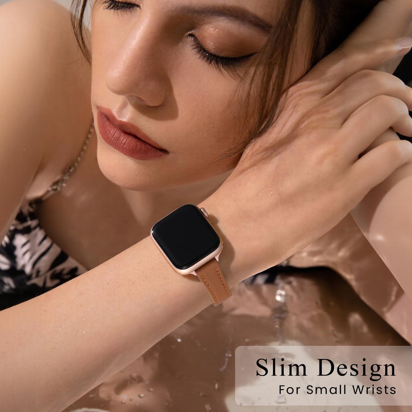 STIROLL Slim Leather Bands Compatible with Apple Watch Band 38mm 40mm 41mm 42mm(Series 11 10), Top Grain Leather Watch Thin Wristband for iWatch SE 9 8 7 6 5 4 3 2 1 (Brown Rose Gold)