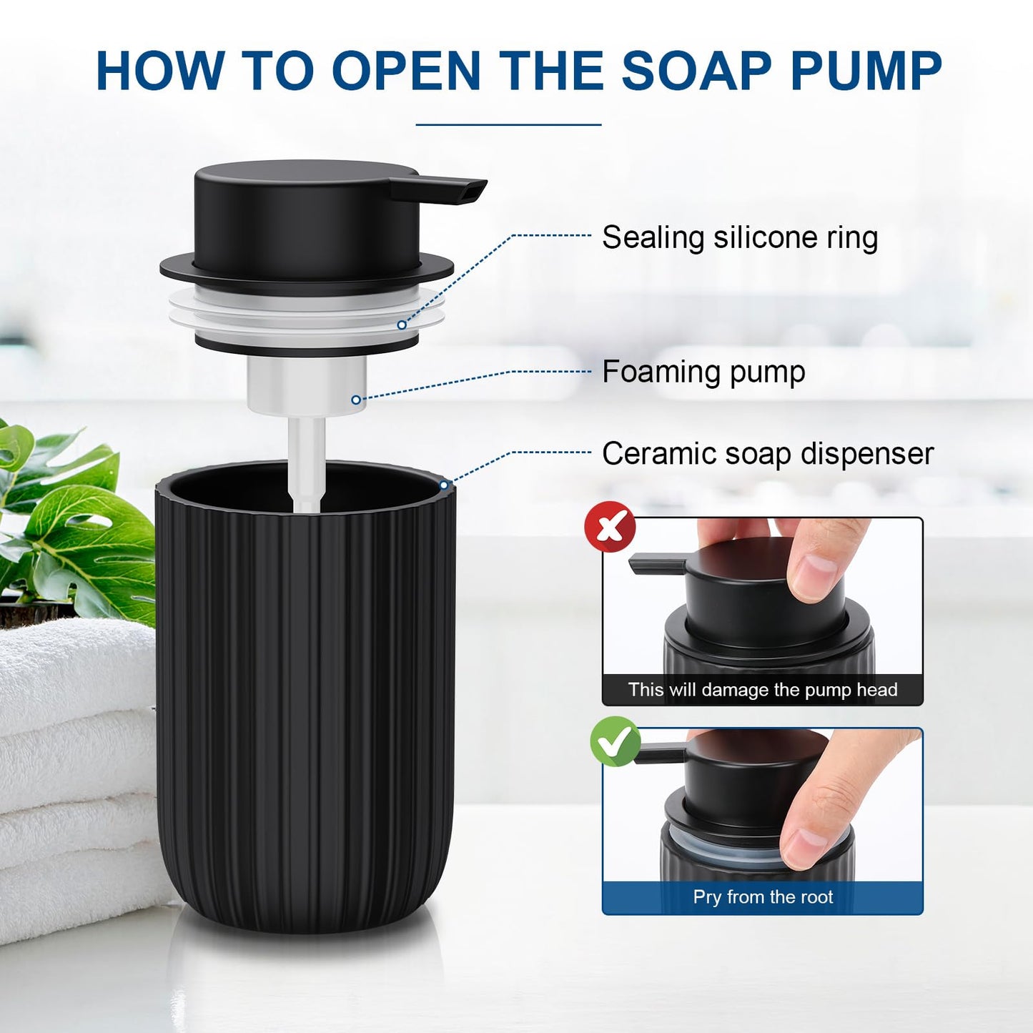 Ceramic Foaming Soap Dispenser, 12 oz Bathroom Foam Hand Soap Dispenser, Refillable Lotion Soap Dispenser with Removable Pump for Kitchen Hand Wash Dispenser, Modern Home Decor(2Pack-Black)