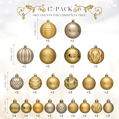 JORNOY Christmas Tree Ornaments Set, 47 Pack Assorted Shatterproof Hanging Balls Decorations, Plastic Bulbs Bulk with Lanyard for Home Holiday Party Decor, 3-Sizes (Gold)