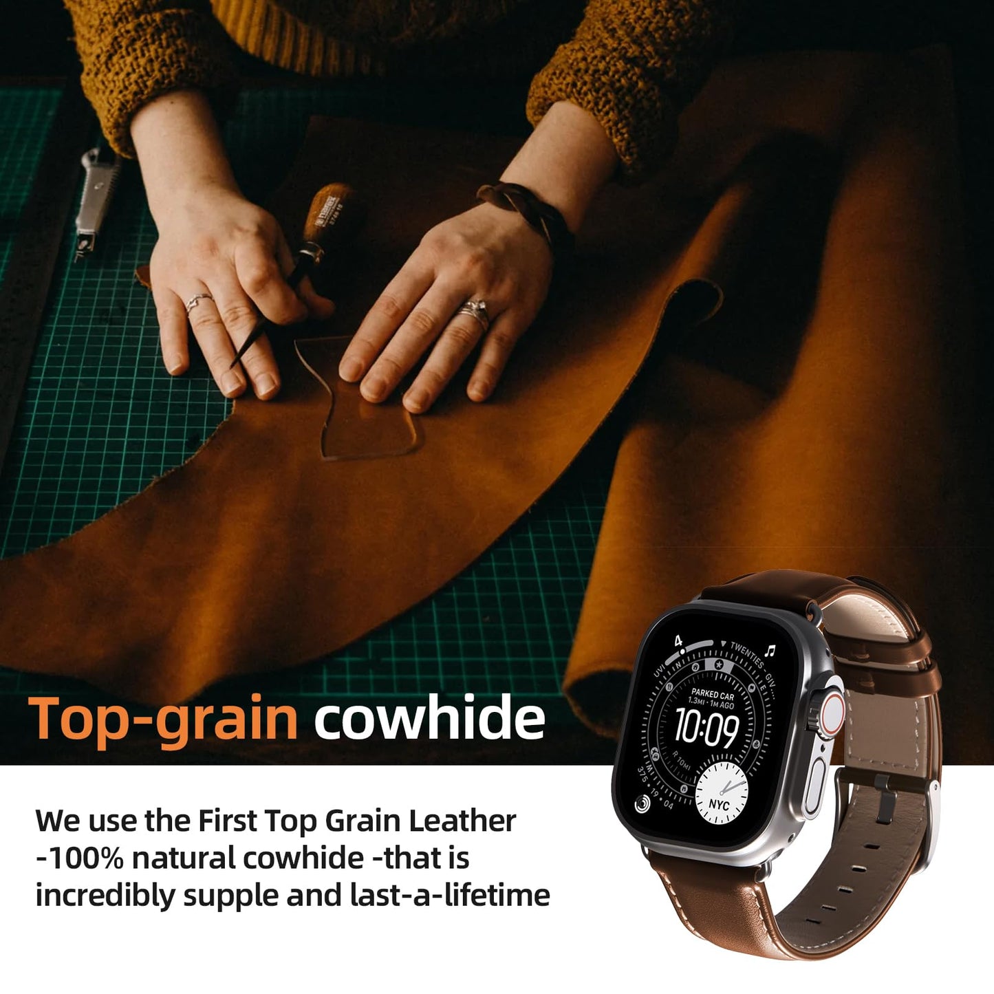 BESTSURE Leather Band Compatible with Apple Watch for Men and Women, Classic Genuine Leather Watch Strap, Fits Ultra/SE/Series 11–3(49/46/45/44/42mm), Brown