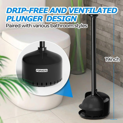 FORASTO Toilet Plunger with Holder,Plungers for Bathroom with Holder,Heavy Duty Plunger with Cover,Bathroom Decor，Bathroom Accessories，Toilet Bowl Cleaners,Black