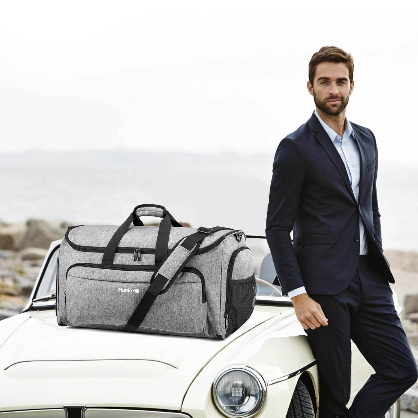 Hanke Carry on Garment Bags for Travel,Convertible Duffle Bag Luggage Bag Weekend Bag with Shoe Compartment,2 in 1 Hanging Suitcase Suit Bag for Men Women,Light Grey