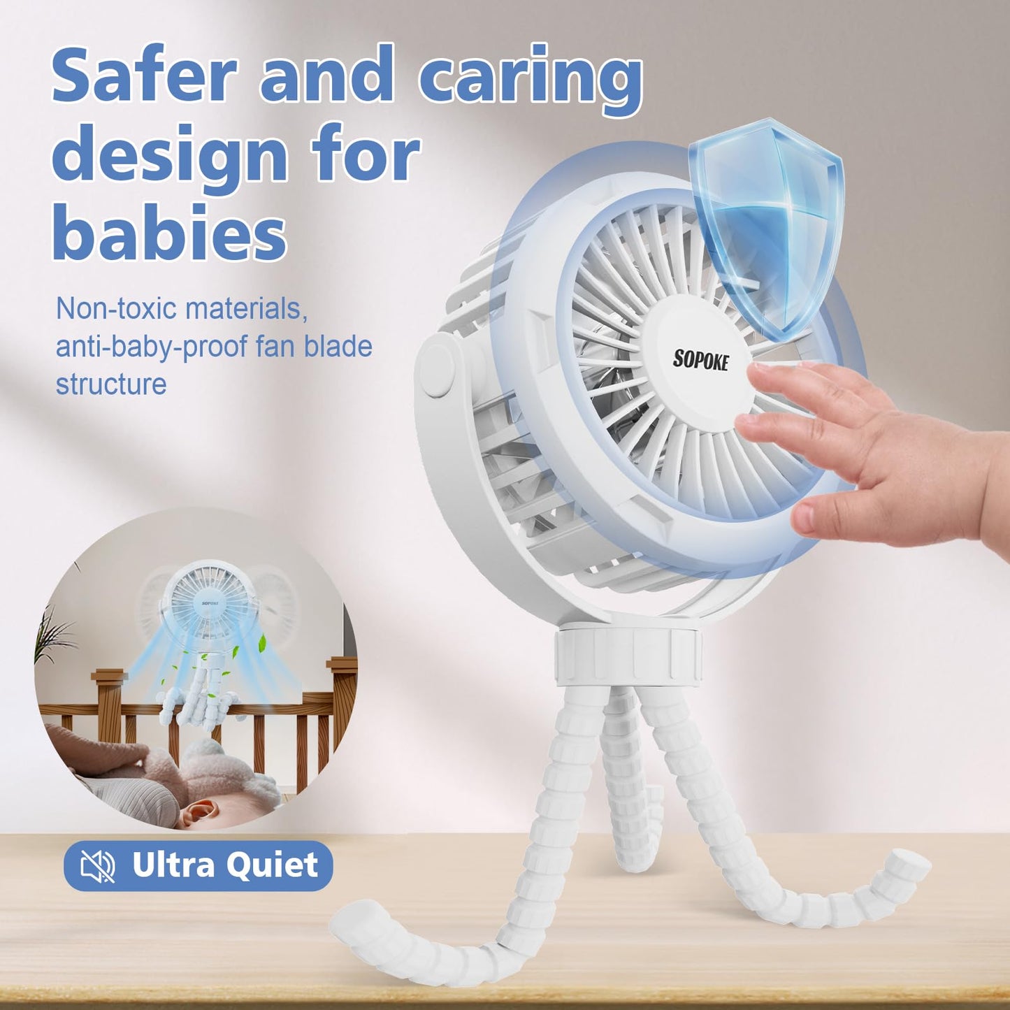 SOPOKE Mini Portable Baby Stroller Fan,3 Speed Personal Handheld Fan,Battery Operated Rechargeable 360° Flexible Tripod Cooling Fan, Suitable for Car Seat Crib Treadmill Golf Cart Travel(Yellow)
