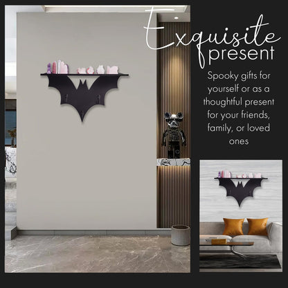 SEREIINO Spooky Bat Floating Shelf - Gothic Wall Coffin Shelf for Bedroom - Halloween Batman Wall Decor for Oddities and Curiosities - Black Crystal Shelves with 3 Key Hooks - Witchy Gifts for Women