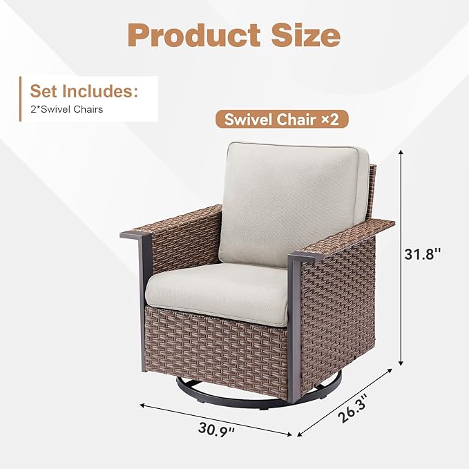 Patio Wicker Chairs Swivel Rocker-Outdoor Swivel Rocking Patio Chairs Set of 2,Wide Armrest Wicker Chair Outdoor Patio Furniture Set with Covered Cushions for Porch Balcony Patio Deck Brown/Beige