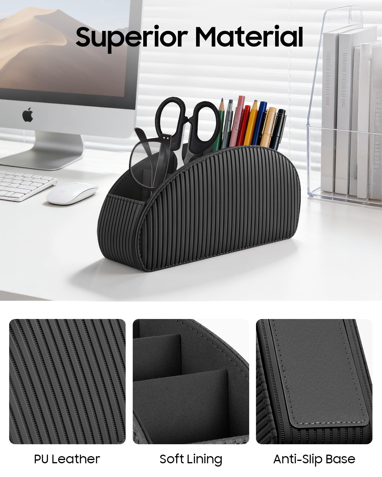 SITHON Remote Control Holder with 5 Compartments - PU Leather Remote Caddy Desktop Organizer Store TV, DVD, Blu-Ray, Media Player, Heater Controllers, Stripe Black