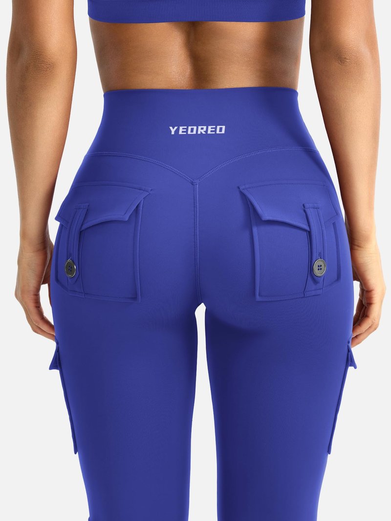 YEOREO CoreFlex Women Workout Flare Leggings with Pockets Hidden Scrunch Cargo Gym Yoga No Front Seam Leggings Dazzling Blue XXL