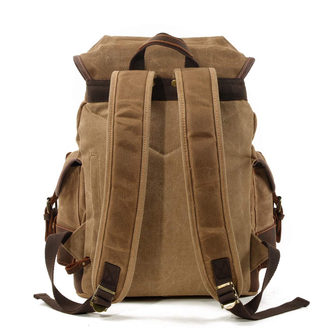 WUDON Men Travel Backpack, Genuine Leather-Waxed Canvas Shoulder Hiking Rucksack (Khaki)