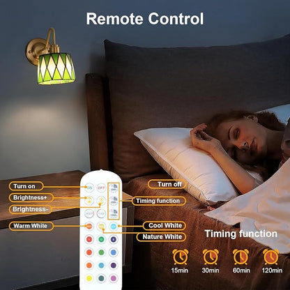 Vintage Battery Operated Wall Sconce with Remote, Rechargeable LED Wall Lamp 3 Colors Dimmable, Gold Wall Lights Fixture for Bedroom Bathroom Living Room Hallway Green Checker