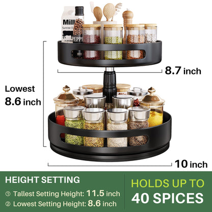 Lazy Susan Organizer Spice Rack - 2 Tier Height Adjustable Spice Organization for Cabinet, Metal Seasoning Organizer Lazy Turntable Spice Organizer for Table Top Pantry Kitchen Storage (10 inch)