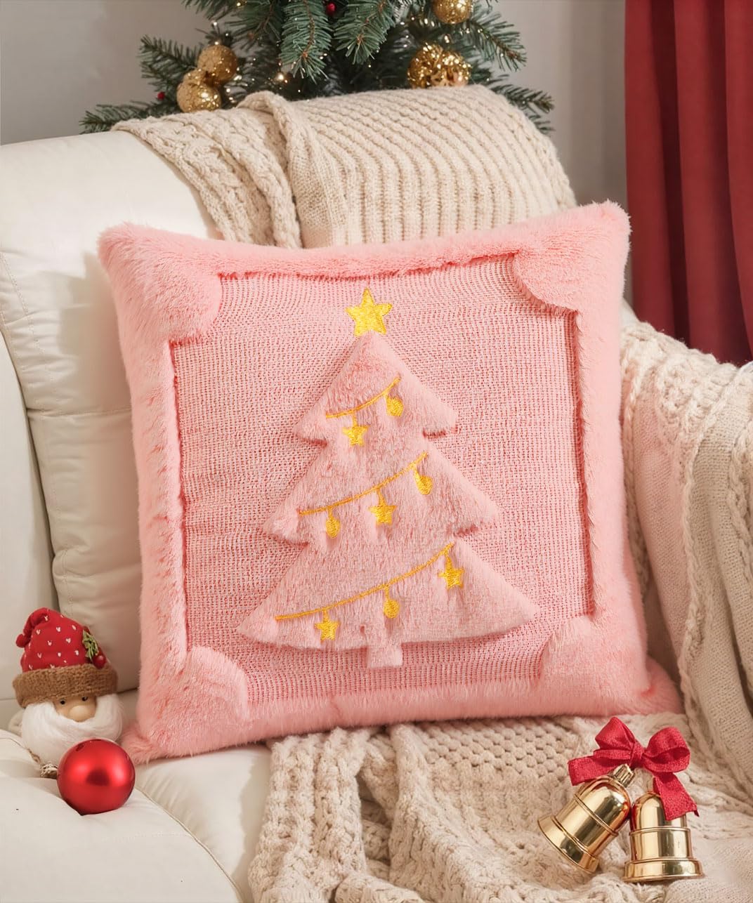 SEGXCFL Christmas Pillow Covers Set of 2 Soft Plush Faux Fur Pillow Cases 3D Embroidered Decorative Couch Cover Home Decor Christmas Throw Pillow Covers 18x18,Pink Christmas Tree