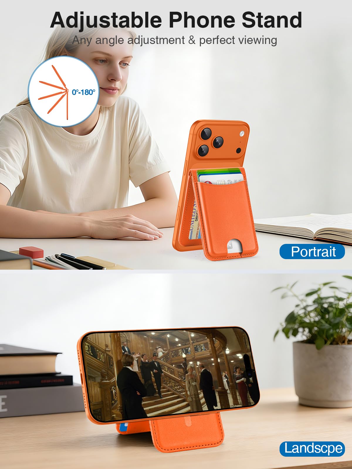 TopMade for MagSafe Wallet, Works with Apple Find My, Strongest Magnetic Wallet with Stand, 6 Card Holder, RFID Blocking, Magnetic Card Holder for iPhone 17/16/15/14/13/12 Series, Rechargeable,Orange