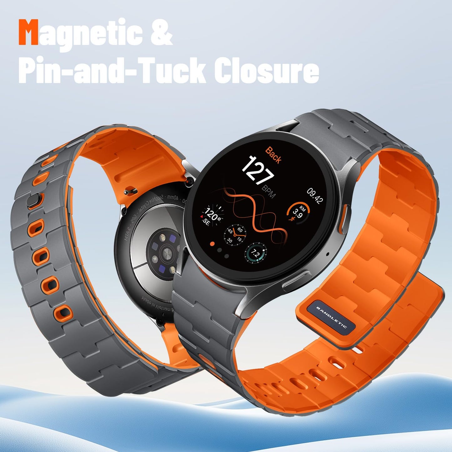 Bandletic 20mm No Gap Magnetic Band for Men Compatible with Samsung Galaxy Watch 7 6 5 4 FE 40mm 44mm/for Galaxy Watch 6 4 Classic 43mm 47mm 42mm 46mm/Watch 5 Pro 45mm,Spacegray-Orange