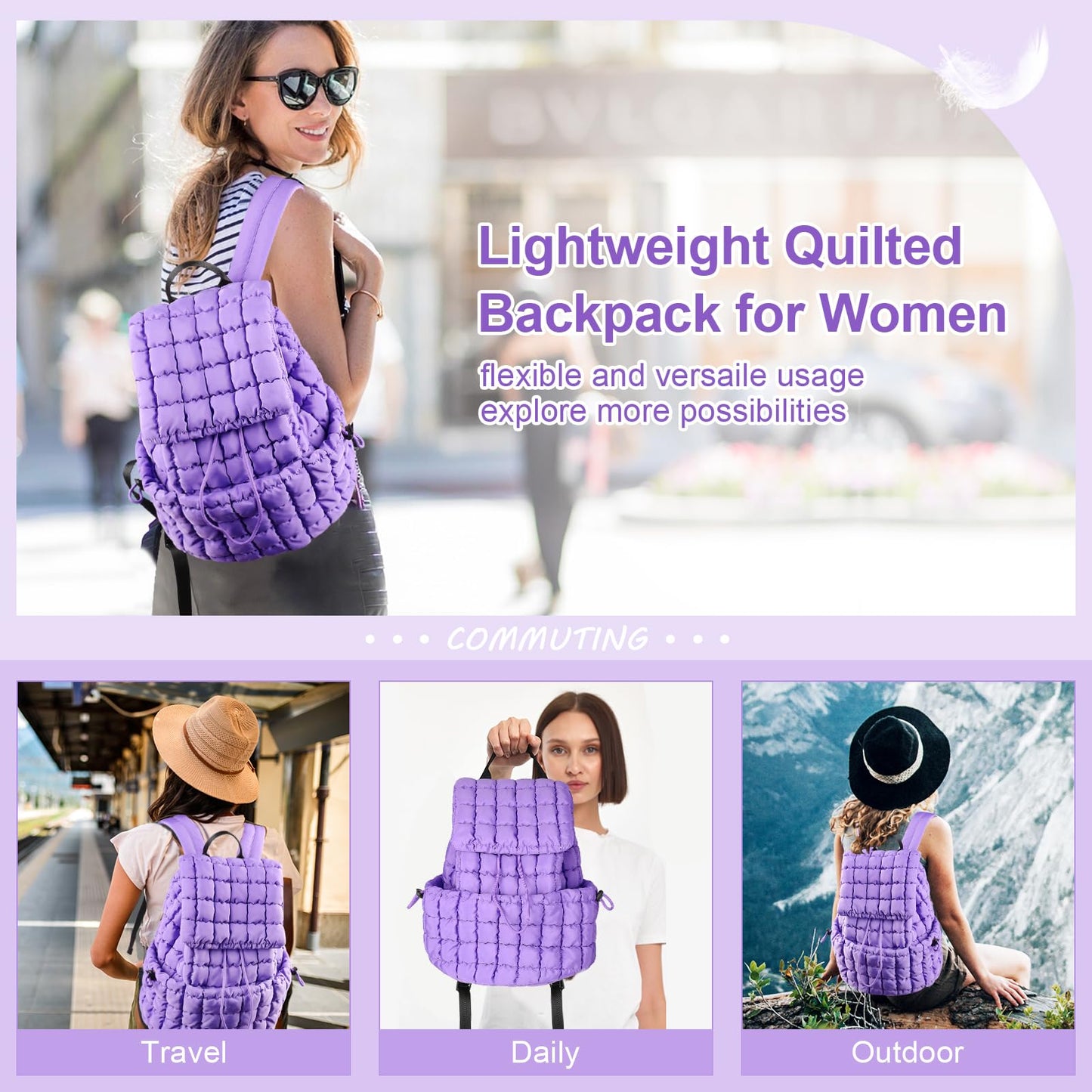 XSUIOY Quilted Backpack Purse for Women Small Lightweight Puffer Puffy College Laptop Backpack Nylon Casual Bookbag Daypack Top Flap Drawstring Padding Hiker Travel Gym Backpack(Purple)
