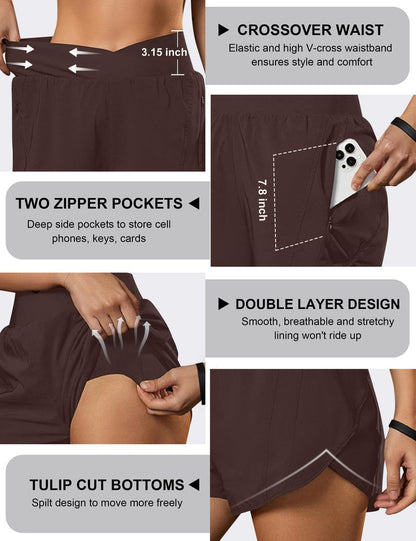 Blooming Jelly Women's Workout Shorts Athletic Running Crossover High Waisted Gym Sport Yoga Shorts with Zipper Pockets (Brown,Small)